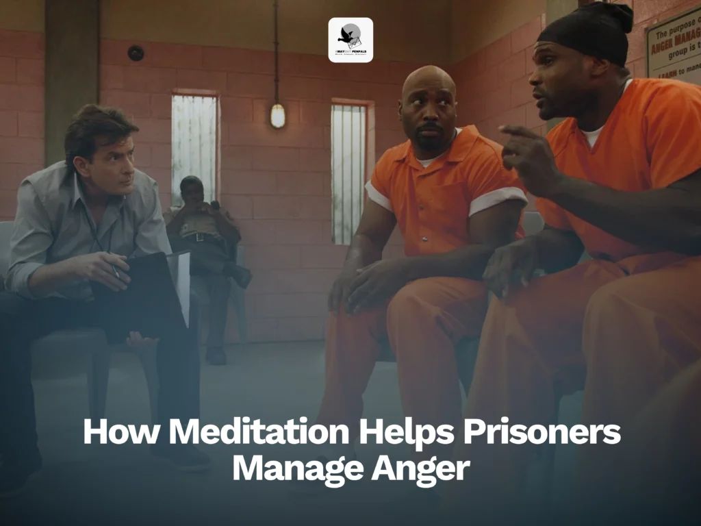 A group of prisoners in orange uniforms sit in a room with a man holding a clipboard, discussing anger management through meditation. A guard stands in the background.