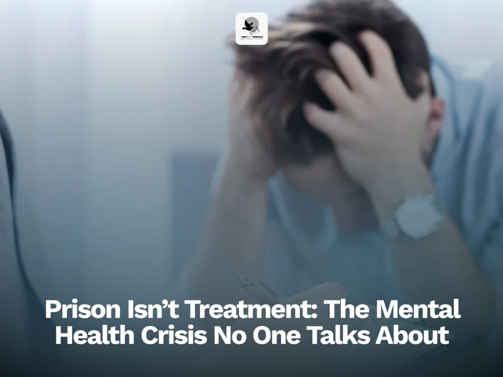 A person with hands on head, appearing distressed. Text overlay reads "Prison Isn’t Treatment: The Mental Health Crisis No One Talks About.