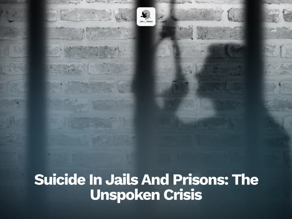 A shadowy figure behind bars with the text "Suicide In Jails And Prisons: The Unspoken Crisis" overlaid.
