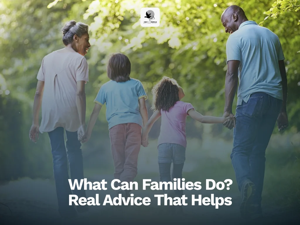 A family of four walking hand-in-hand outdoors, symbolizing the theme of real advice for families.