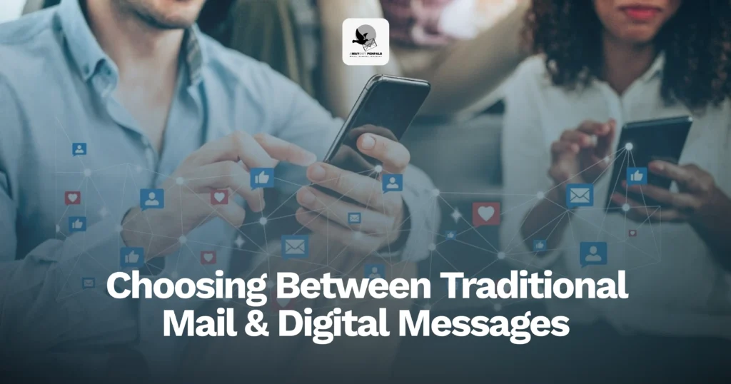 Two people using smartphones, surrounded by floating social media icons, with text reading "Choosing Between Traditional Mail & Digital Messages.