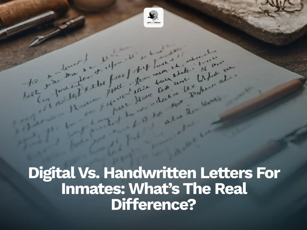 A handwritten letter on a desk surrounded by vintage pens and writing tools; text overlay reads, "Digital Vs. Handwritten Letters For Inmates: What’s The Real Difference?