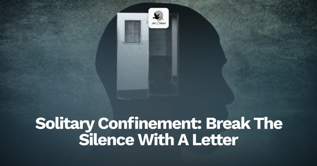 Silhouette of a head containing a dim prison cell, with the message “Solitary Confinement: Break The Silence With A Letter.
