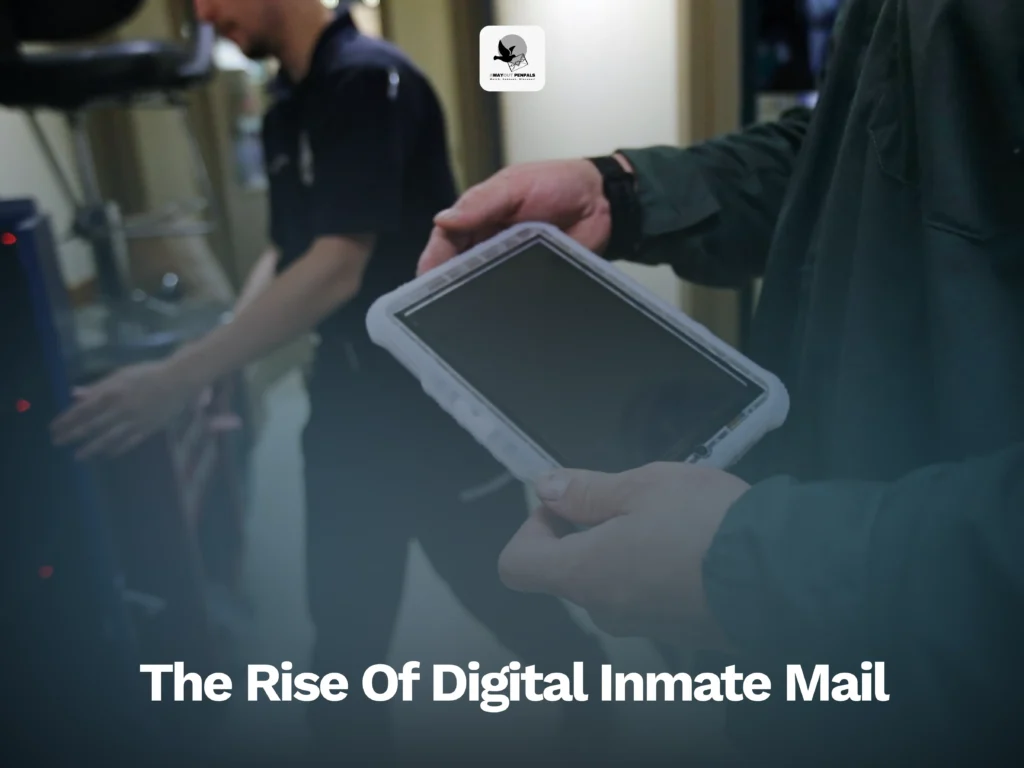 A person in a prison uniform holds a tablet device, with another individual blurred in the background; text overlay reads, "The Rise Of Digital Inmate Mail.
