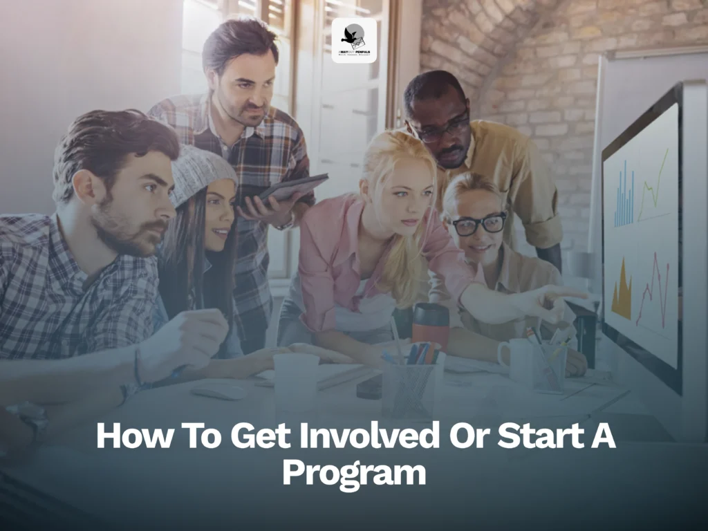 A group of diverse young professionals gathered around a computer screen, collaborating on a project, with the text "How To Get Involved Or Start A Program" displayed below.