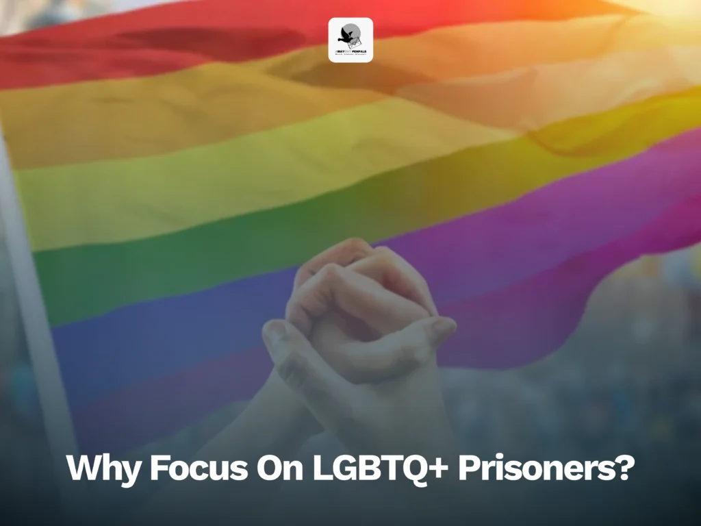 Hands clasped in front of a rainbow flag with the text “Why Focus On LGBTQ+ Prisoners?